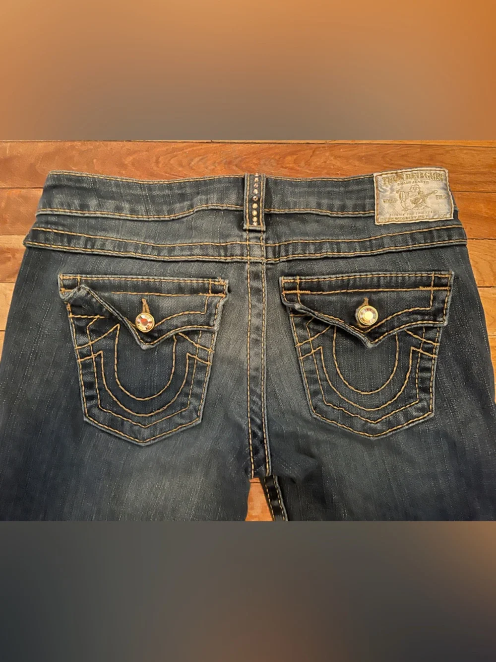 True Religion Dark Blue Boot Cut Jeans with Stud Accents Gold Vintage Y2kLowrise - Picture 6 of 7